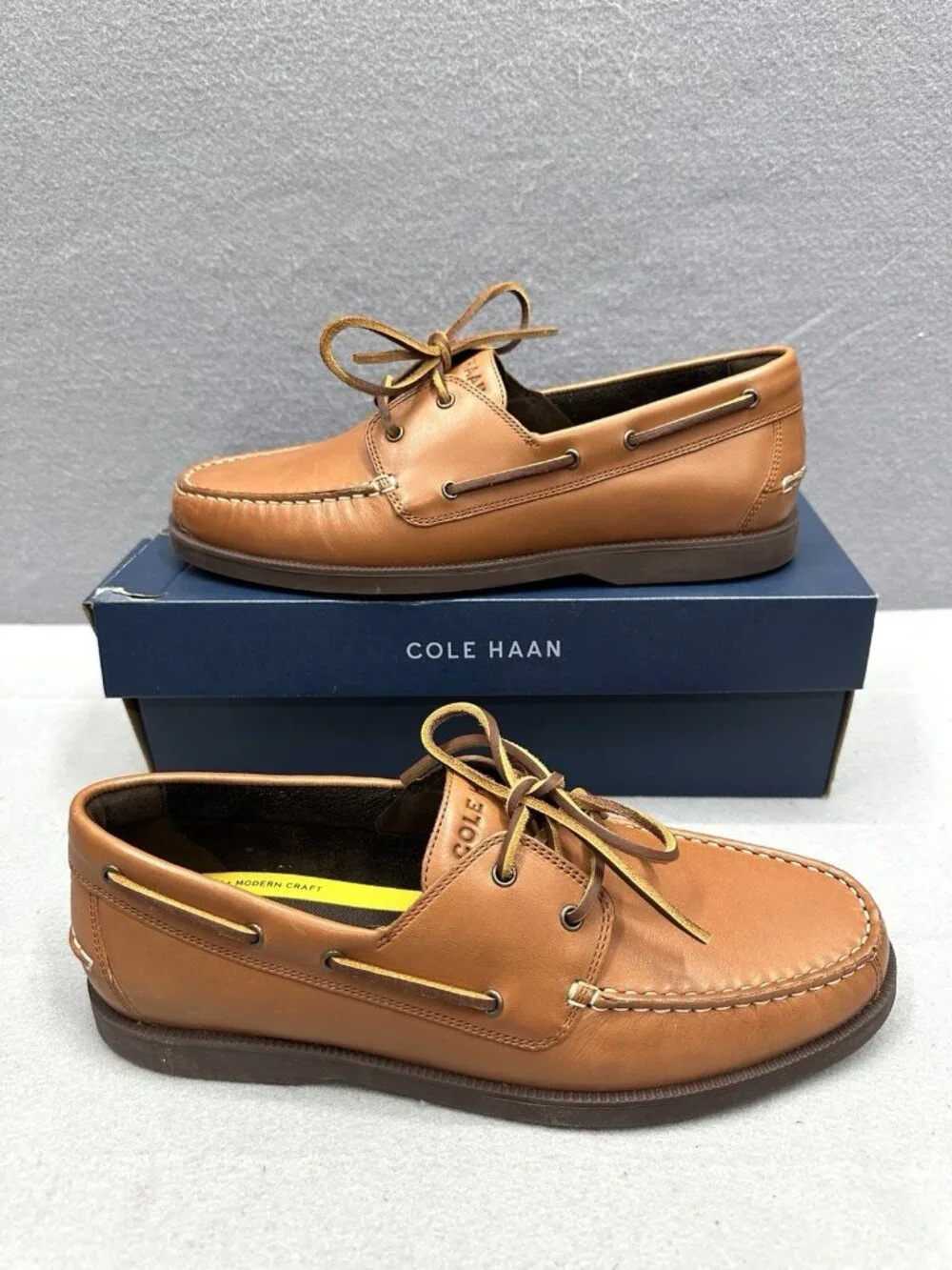 Cole Haan Grand+ Bowside Men 9.5 Boat Shoes Cognac Brown Leather Loafers C42132